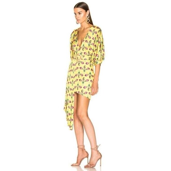 PatBo Asymmetrical Belted Floral Mini Dress Puff Sleeves Satin Yellow Size 4 - Picture 3 of 15